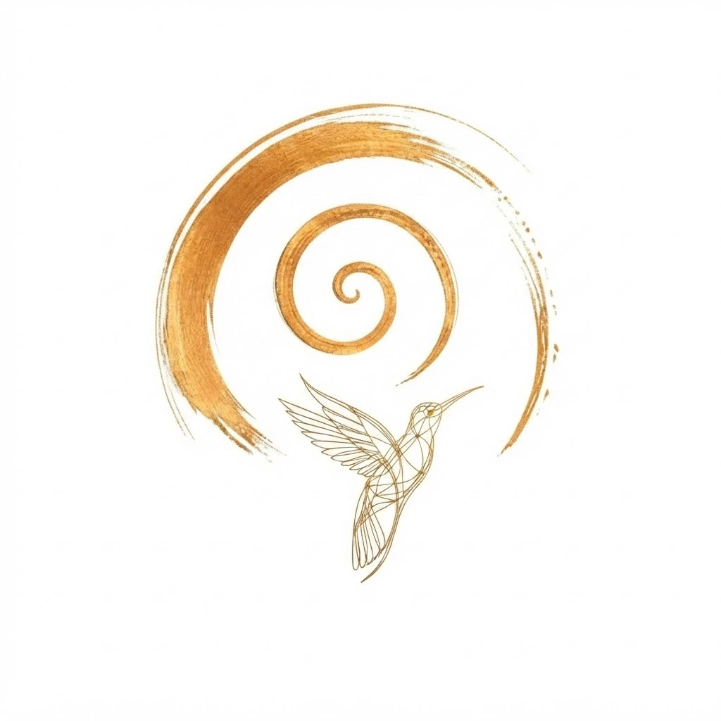Logo WEYU : cercle doré tracé au pinceau, spirale et colibri