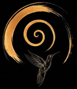 Logo WEYU sur fond noir : cercle doré, spirale et colibri